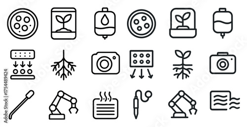 Biotechnology and science icons set – outline, linear, research and lab symbols