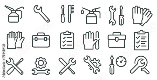 Maintenance and repair icon set – outline, linear tools and equipment symbols