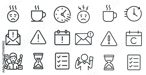 Business productivity outline icons set – linear, efficiency, workplace solutions symbols