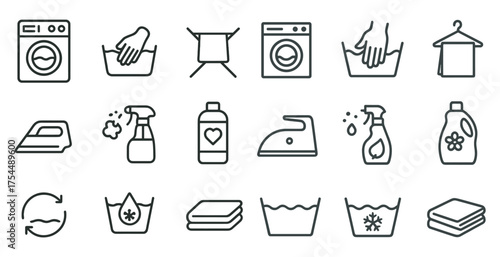 Laundry and fabric care outline icons set – cleaning, washing, garment symbols.
