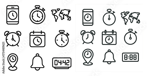 Time and clock outline icons set – schedule, alarm, and stopwatch symbols