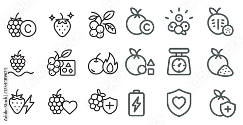 Fruits and berries icons set – outline, linear, food and nutrition symbols