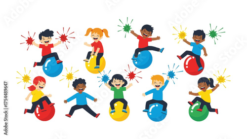 Joyful Jumping Kids: A vibrant scene of diverse children bouncing on colorful balls, exuding boundless energy and glee through playful motion.