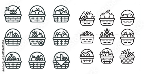 Fruit basket outline icons set – linear, food, healthy lifestyle symbols.