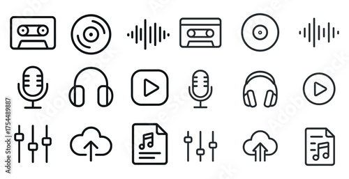 Music and audio outline icons set – line, silhouette, sound and recording symbols