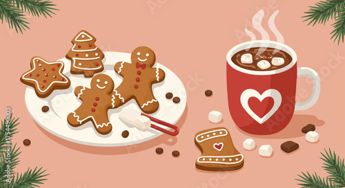 Celebrate the season with delicious gingerbread cookies and a steaming mug of hot chocolate, creating a cozy holiday moment perfect for sharing joy