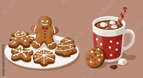 Delicious gingerbread cookies and hot chocolate, perfect for celebrating the festive holiday season and creating cozy, heartwarming memories together