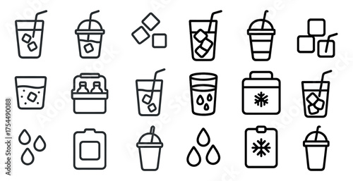 Beverage and drink linear icons set – outline, cocktail, refreshing glass symbols