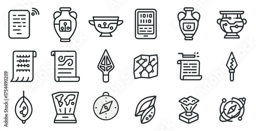 Ancient artifact outline icons set – historical, cultural, museum symbols