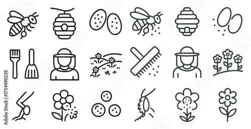 Beekeeping and gardening linear icons set – outline, honey, pollination graphics.