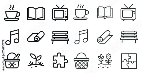Lifestyle and hobbies line icons set – outline, leisure, daily activity symbols