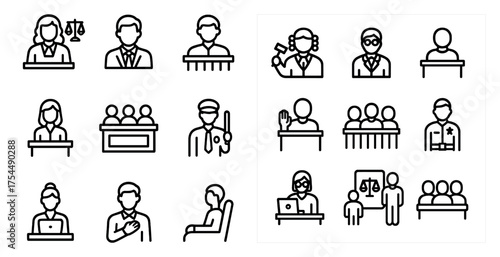 Law and justice outline icons set – legal, courtroom, attorney symbols