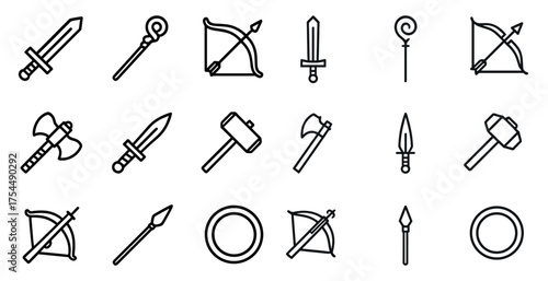 Medieval weapons outline icons set – line, linear, historical armament symbols