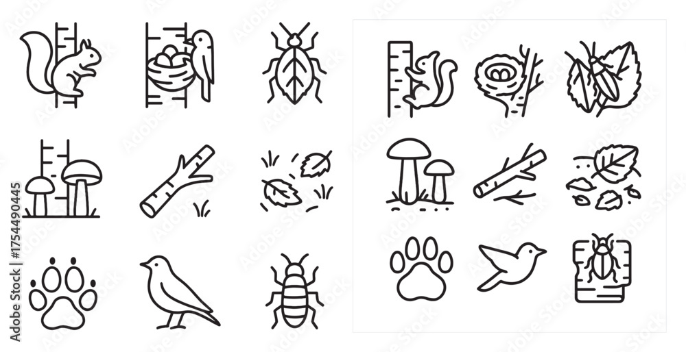 Fototapeta premium Forest animal outline icons set – flat, silhouette, wildlife symbols collection.