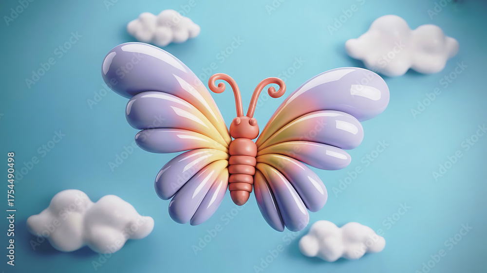 Fototapeta premium Whimsical 3d pastel butterfly with fluffy clouds against a bright blue sky