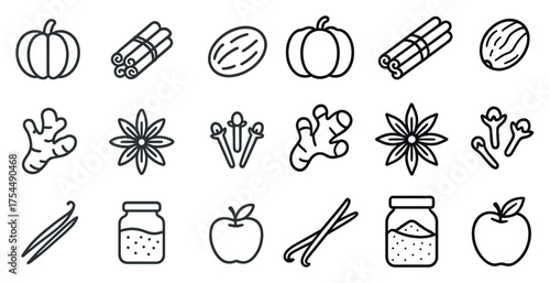 Spices and herbs outline icons set – linear, line, cooking and seasoning symbols