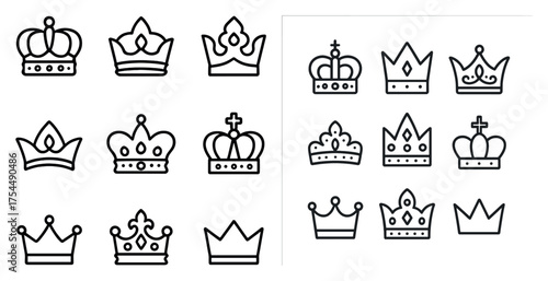 Royal crown outline icons set – linear, silhouette, monarchy and regal symbols
