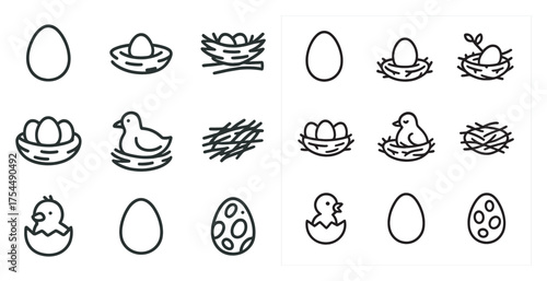 Bird nest outline icons set – linear, silhouette, egg and hatchling symbols.