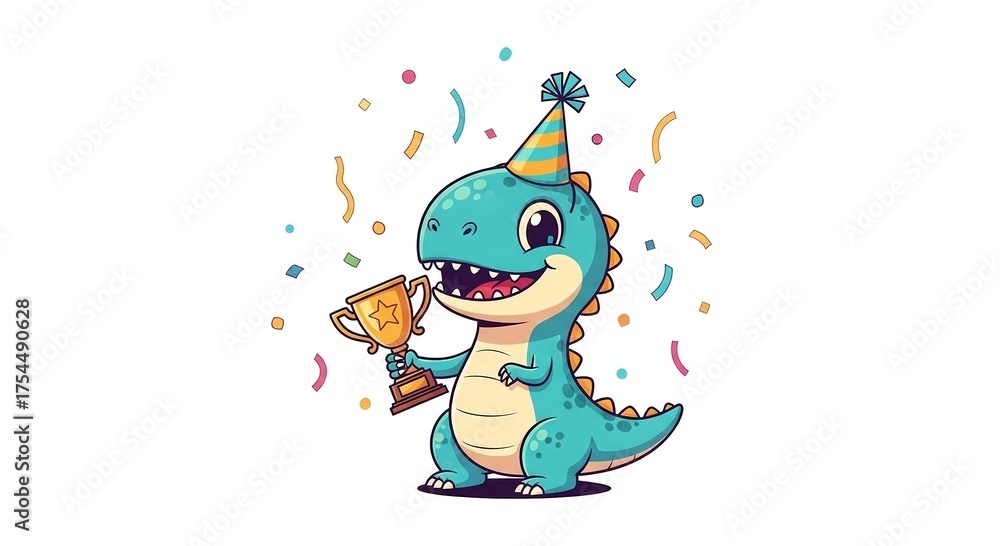 Obraz premium An adorable and sweet cartoon illustration of a light green baby dinosaur cutely holding a golden trophy that has 