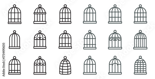 Bird cage outline icons set – silhouette, linear, animal and pet graphics.