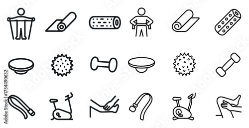 Fitness and gym line icons set – flat, outline, workout and exercise symbols