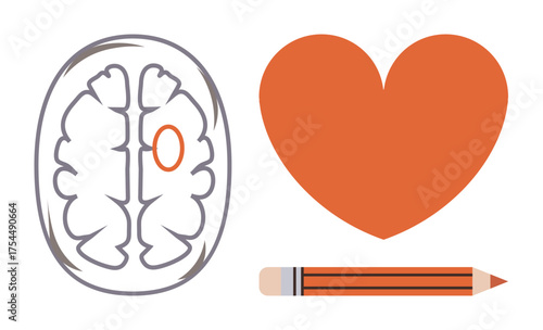 Brain sketch, orange heart, and pencil emphasize balance between intellect, creativity, emotions, and expression. Ideal for education, psychology, design inspiration self-awareness innovation