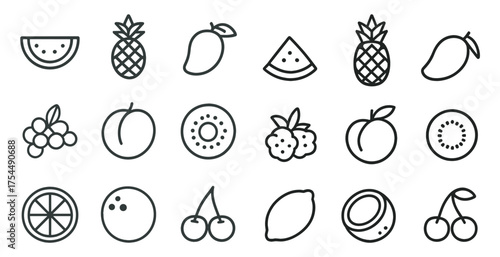 Fruit and food outline icons set – linear, minimal, healthy lifestyle graphics