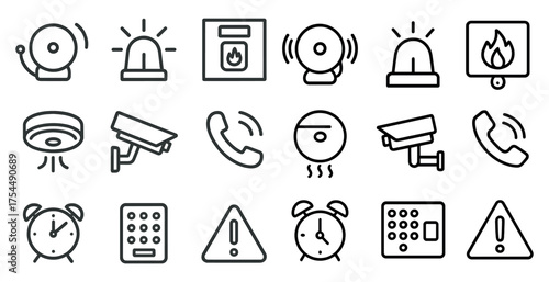 Security and alarm line icons set – outline, alert, surveillance symbols