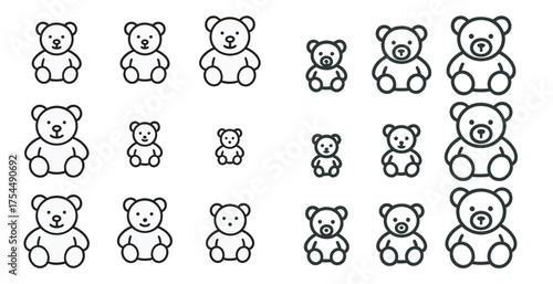 Cute teddy bears icons set – outline, silhouette, adorable bear symbols
