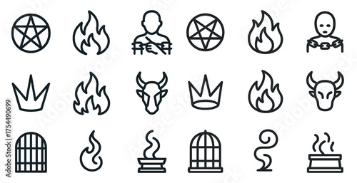 Dark magic linear icons set – outline, silhouette, mystical symbols and witchcraft