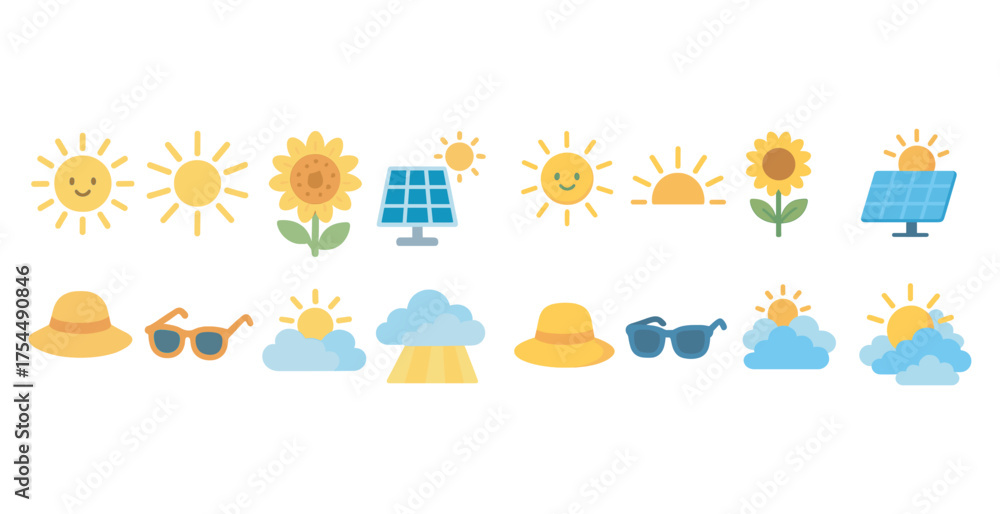 Naklejka premium Solar and nature flat icons set – renewable energy and ecological symbols collection
