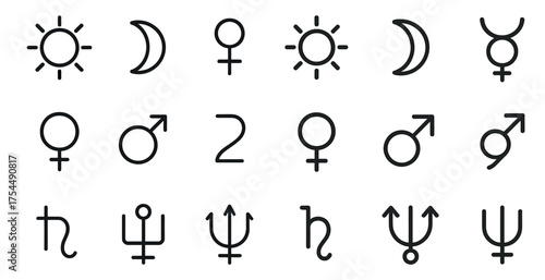 Astrology outline icons set – linear, zodiac, horoscope and celestial symbols