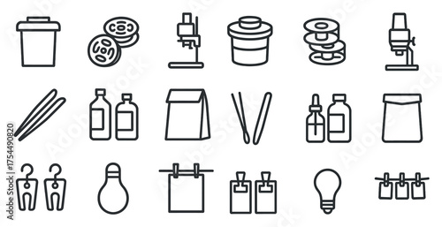 Laboratory and packaging line icons set – outline, linear, scientific equipment symbols