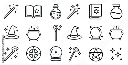 Magic and witchcraft outline icons set – linear, spell, mystical symbols