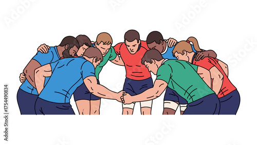 Rugby Team Unity: A circle of determined rugby players huddle tightly, arms around each other's shoulders, embodying the spirit of teamwork and camaraderie.