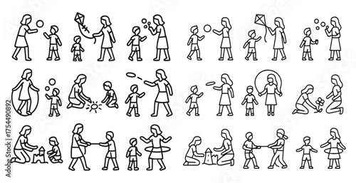 Family activity outline icons set – silhouette, linear, leisure and bonding symbols