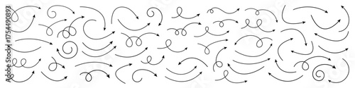 Doodle Arrows Pack – Curved and Twisted Hand-Drawn Arrows Collection, Sketch Style Vector Illustration