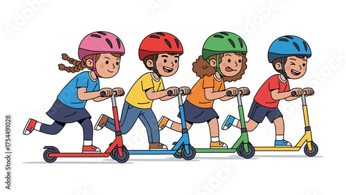 Playful Scooters: A vibrant illustration depicts four energetic children, each on a scooter, revelling in the pure joy of outdoor play. This captures the essence of childhood fun and adventure.