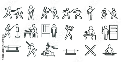 Martial arts outline icons set – line, linear, self-defense and training graphics