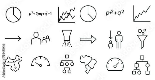 Mathematics and data line icons set – charts, equations, and statistical symbols