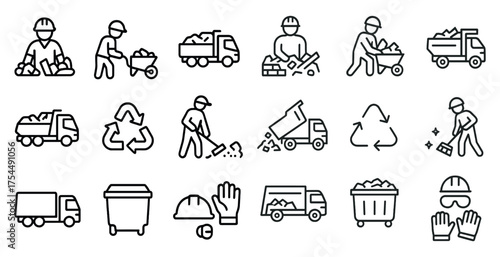 Construction and recycling outline icons set – linear, building, waste management