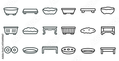Furniture outline icons set – tables and seating, minimalist and line design.