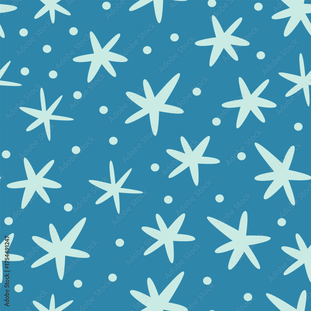 Obraz premium Cheerful seamless vector pattern featuring soft blue stars and dots. Whimsical childlike design ideal for Christmas-themed kids’ products, nursery decor, wrapping paper, and festive backgrounds.