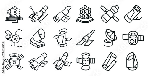 Space and astronomy line icons set – linear, outline, celestial and telescope symbols