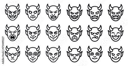 Monster and demon face icons set – outline, linear, spooky and scary symbols