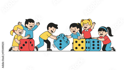 Children's Dice Play: A group of children gleefully interacting with oversized dice, bringing the thrill of games to life.