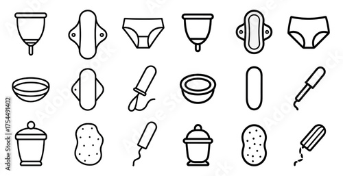 Menstrual health outline icons set – feminine care, hygiene symbols