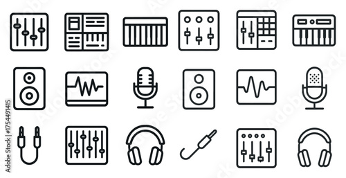 Music production line icons set – headphones, sound and audio equipment symbols