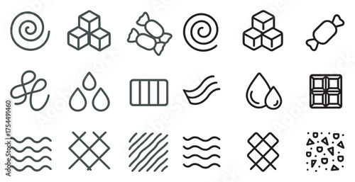 Candy and sweets outline icons set – linear, confectionery, dessert symbols