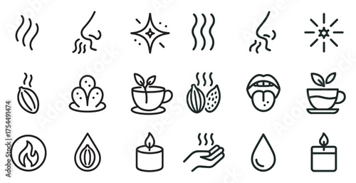 Aromatherapy line icons set – relaxing, soothing, wellness symbols for spa and therapy.